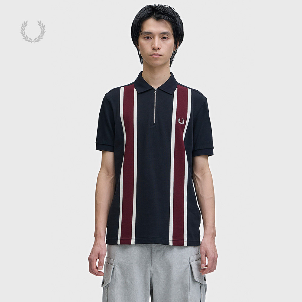 FRED PERRY男装半拉链短袖polo衫2026夏季新款竖条纹拼色翻领上衣