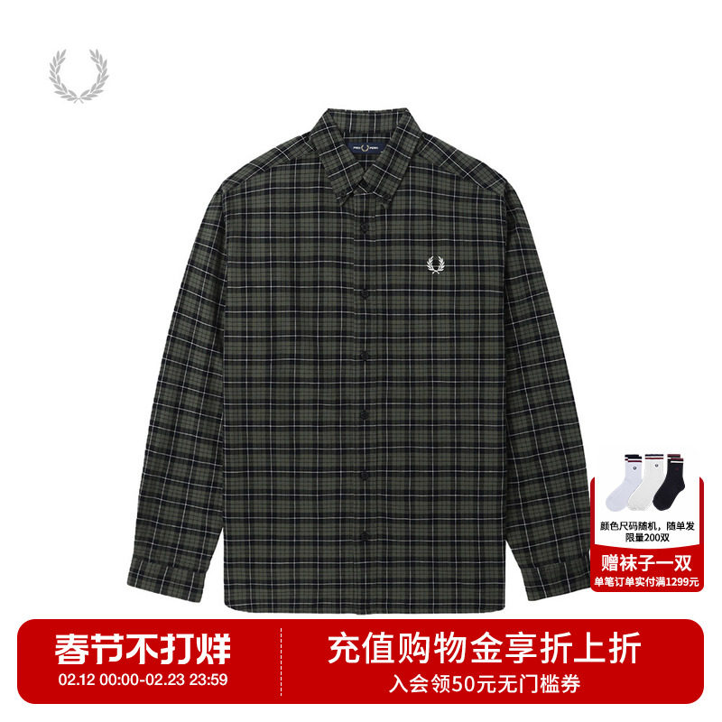 FRED PERRY男士休闲衬衫冬季英伦宽松长袖格子麦穗刺绣衬衣M8504