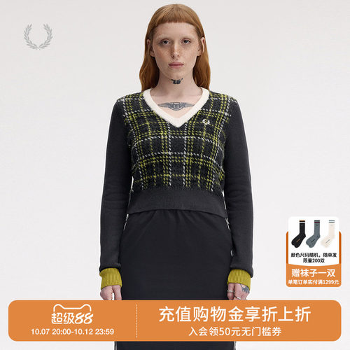 FRED PERRY女装合身V领针织衫秋冬款时尚英伦风千鸟格拼色毛衣