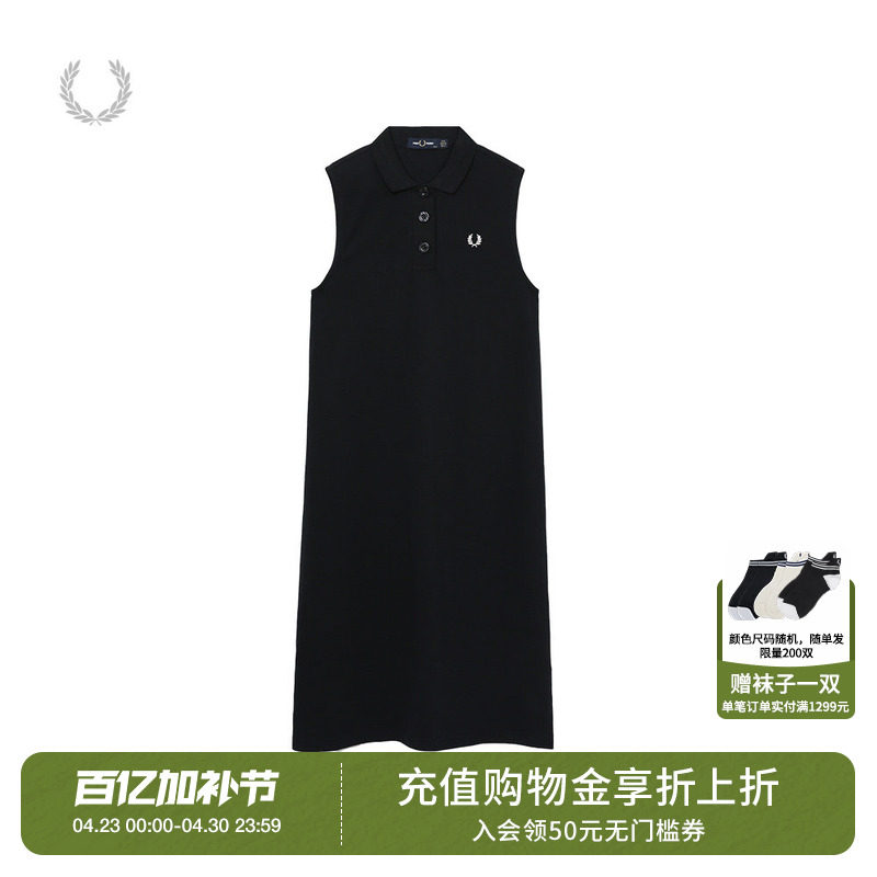 FRED PERRY休闲连衣裙女夏季新款无袖麦穗刺绣修身裙潮D9181