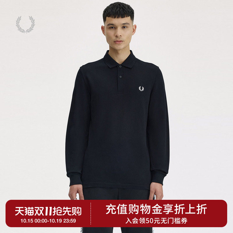 FRED PERRY男装纯色长袖polo衫秋季简约基础款麦穗翻领上衣