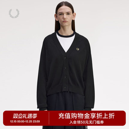 FRED PERRY女士休闲针织衫2025冬季新款V领开衫麦穗刺绣长袖K1120
