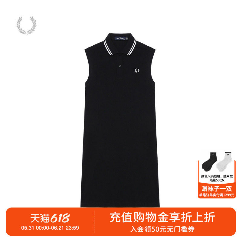 FRED PERRY休闲连衣裙女夏季条纹POLO领修身麦穗无袖裙D7200