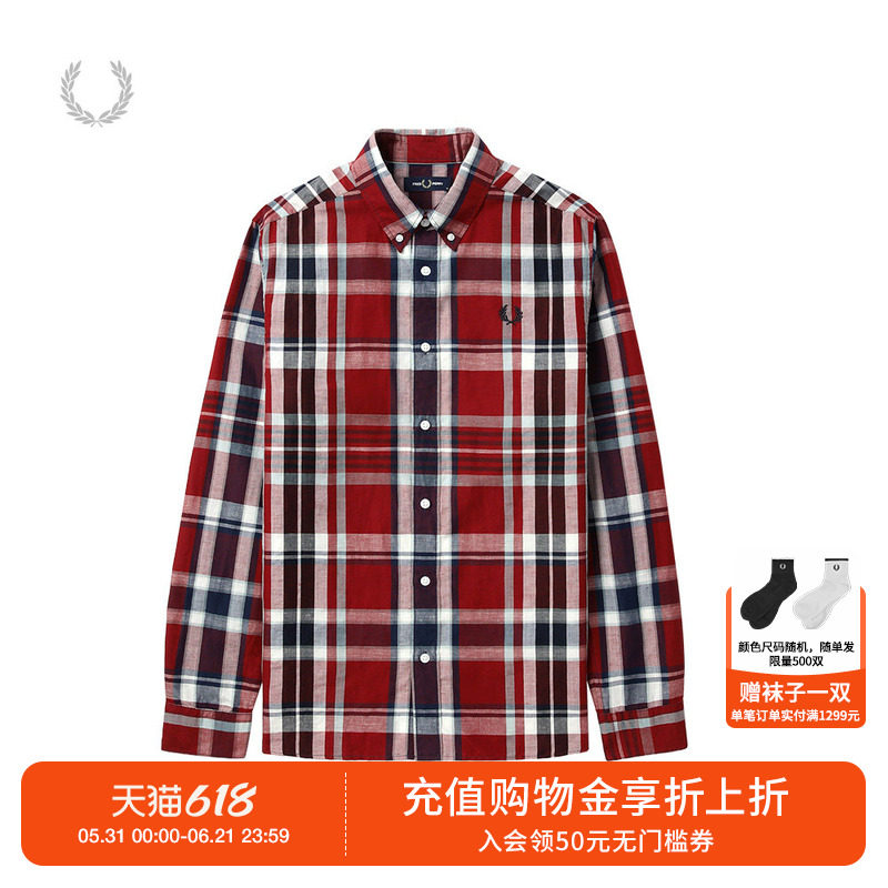 FRED PERRY男士长袖衬衫夏季商务休闲尖领格子麦穗衬衣M9625