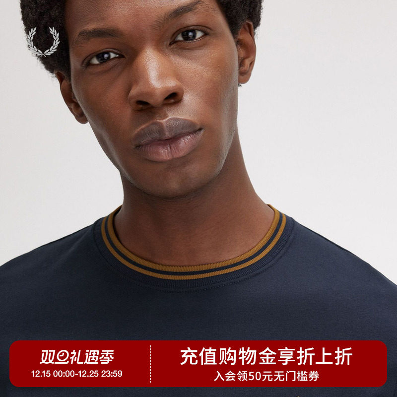 FRED PERRY男士休闲T恤冬季长袖条纹圆领宽松麦穗刺绣上衣潮M9602