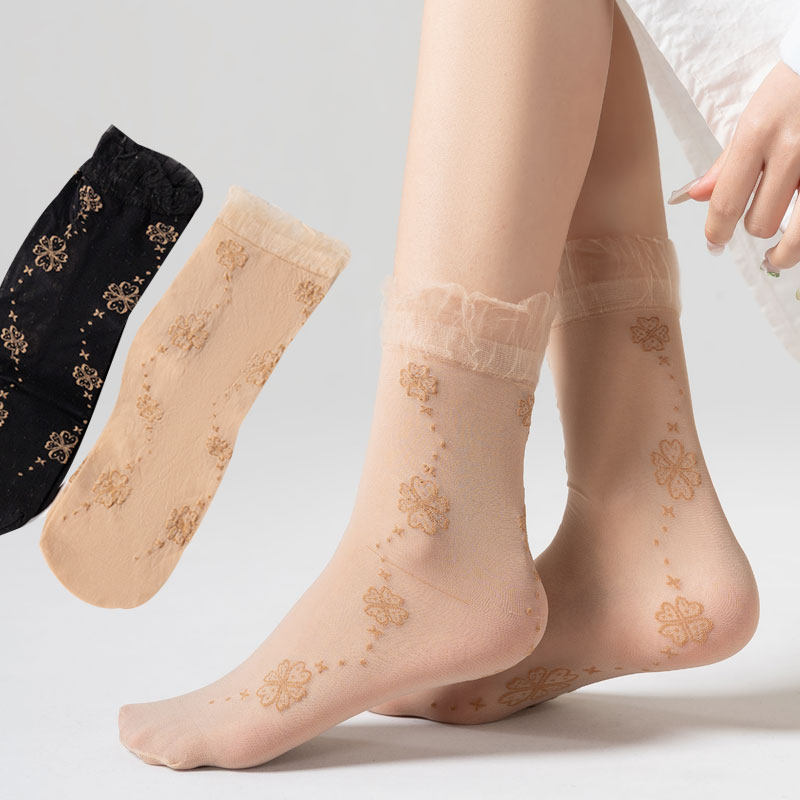 新款丝袜女春夏蕾丝花边中筒肉色超薄透气肤色短袜女神妈妈黑丝袜