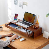 日本SANWA桌上置物架免安装 实木显示器增高架收纳盒增高笔记本桌面增高架木质带抽屉收纳架办公卧室宿舍可用