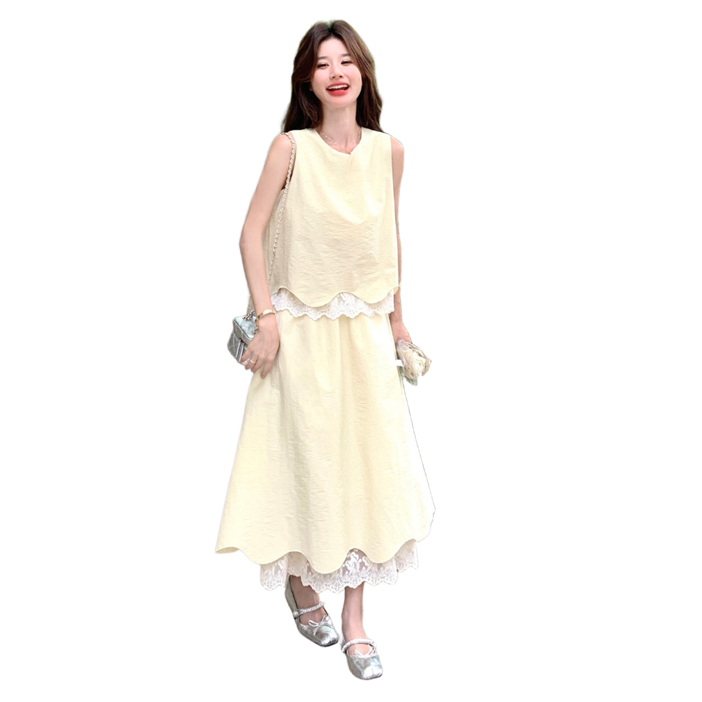 2025夏季蕾丝拼假两件上衣+半身裙套装#2553-P150-K218,女装套装/套裙,2C111