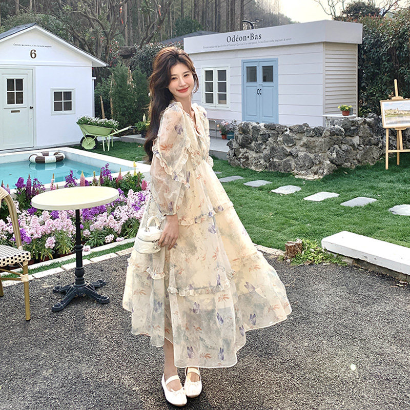 法式浪漫风在逃公主碎花连衣裙女2025春季新款超仙绝美长袖度假裙,女装连衣裙,2C111