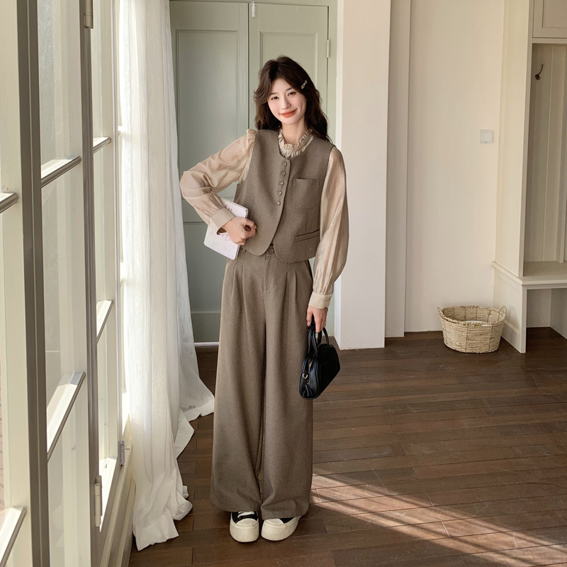 小香风马甲时尚套装女2025年春季新款韩系高级感显瘦阔腿裤三件套,女装套装/套裙,2C111
