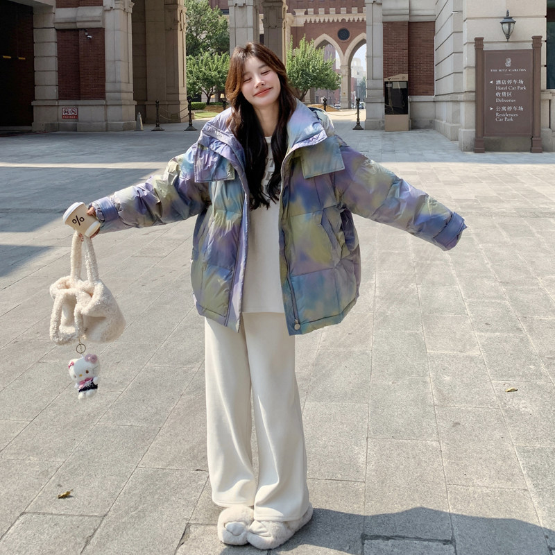 韩版时尚短款扎染连帽羽绒服女2025年冬季新款加厚显瘦白鸭绒外套,女装羽绒服,2C111