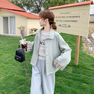 条纹袖口浅绿色皮衣外套女春秋2025新款慵懒风PU夹克流行百搭时尚图片