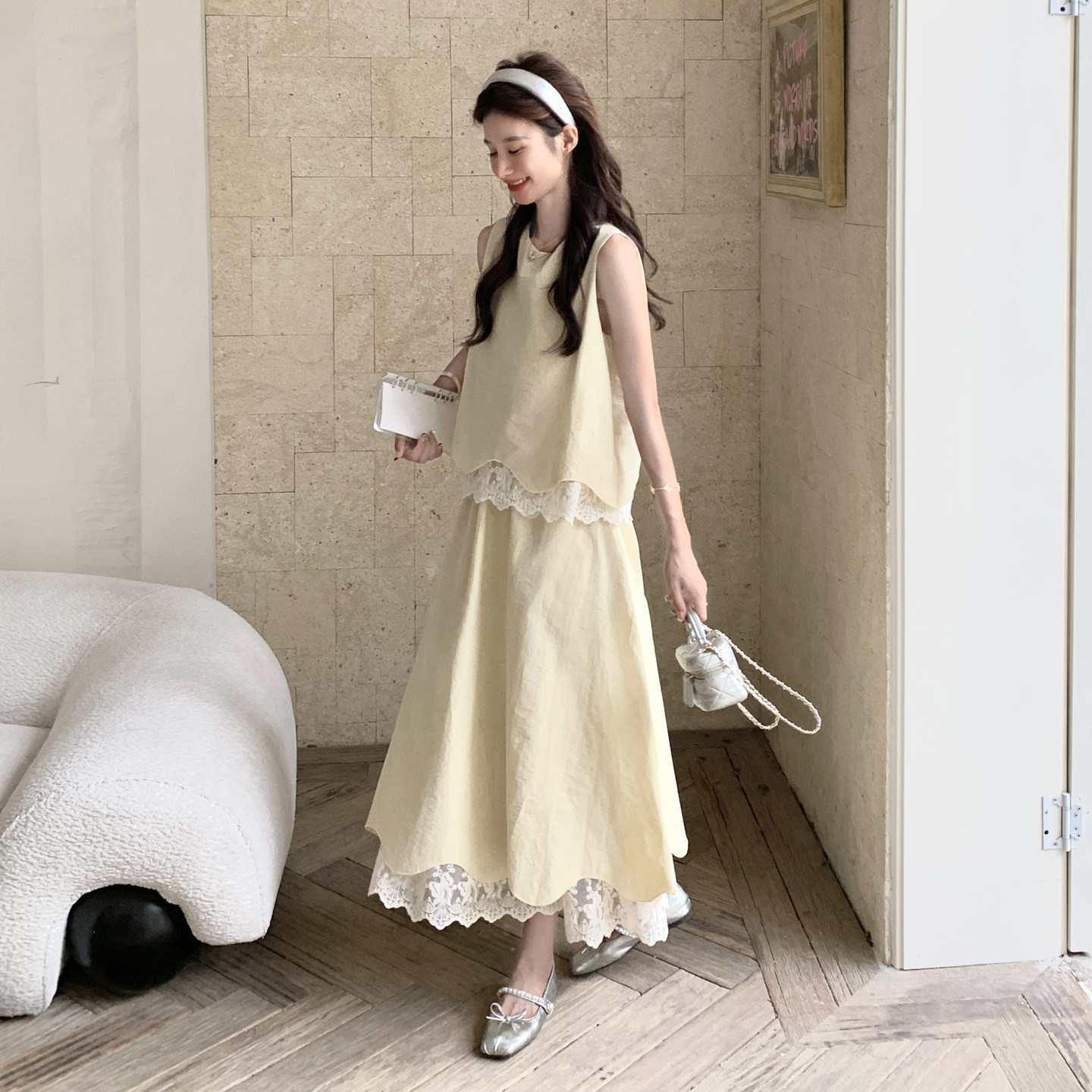 2025夏季蕾丝拼假两件上衣+半身裙套装#2553-P150-K218,女装套装/套裙,2C111