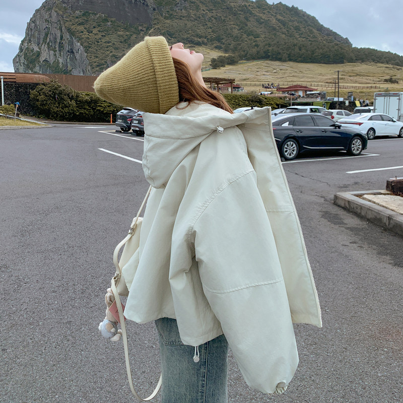 白色连帽工装派克服羽绒棉服女冬季加厚夹棉小个子冲锋衣式棉衣,女装棉衣/棉服,2C111