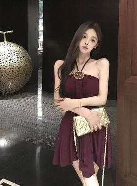 伪娘紫色挂脖吊带抹胸cd变装男娘连衣裙名媛气质女装大佬裙子显瘦