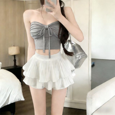 白色高腰女装大佬cd变装短裙夏季防走光伪娘a字裙裤百褶蓬蓬裙子