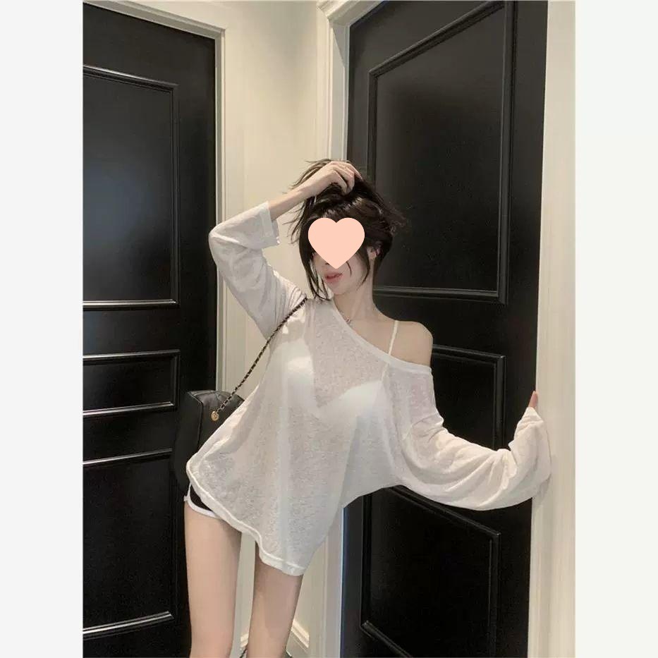 韩版简约长袖大码女装大佬微透T恤防晒罩衫纯欲伪娘上衣白色黑色