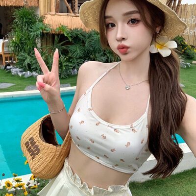 小碎花挂脖伪娘ts男娘吊带背心女装大佬夏季外穿美背cd变装文胸罩
