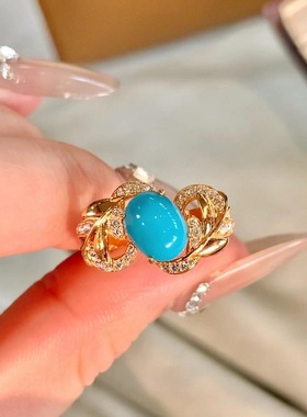 法式复古镶钻波浪镂空绿松石戒指