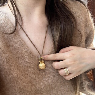 Vintage中古拉丝福袋财神棕绳项链个性吊坠时尚两戴设计感锁骨链