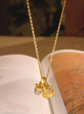 Vintage中古风拉丝铃铛松果项链