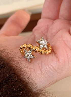 法式中古双子星镶钻圆珠波浪戒指