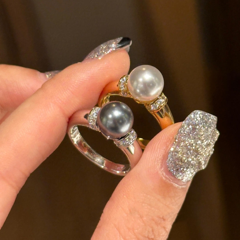 中古镀18k金色灰白珍珠戒指