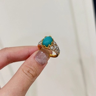 Vintage复古宫廷风镶嵌满钻绿松石戒指小众设计感华丽气质食指戒