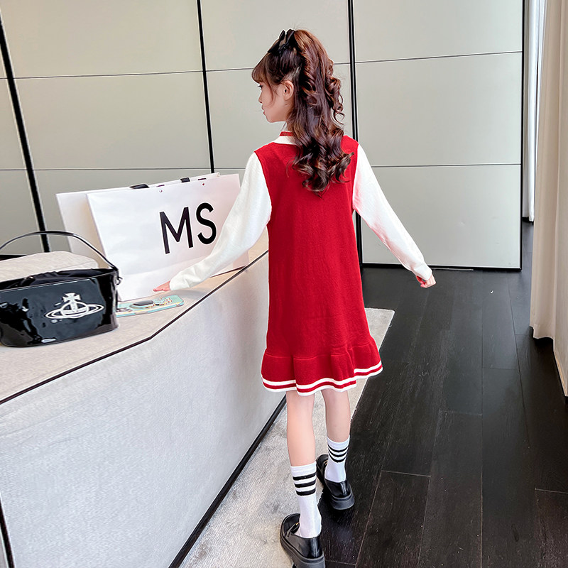 暧昧长袖女童学院风红色针织裙