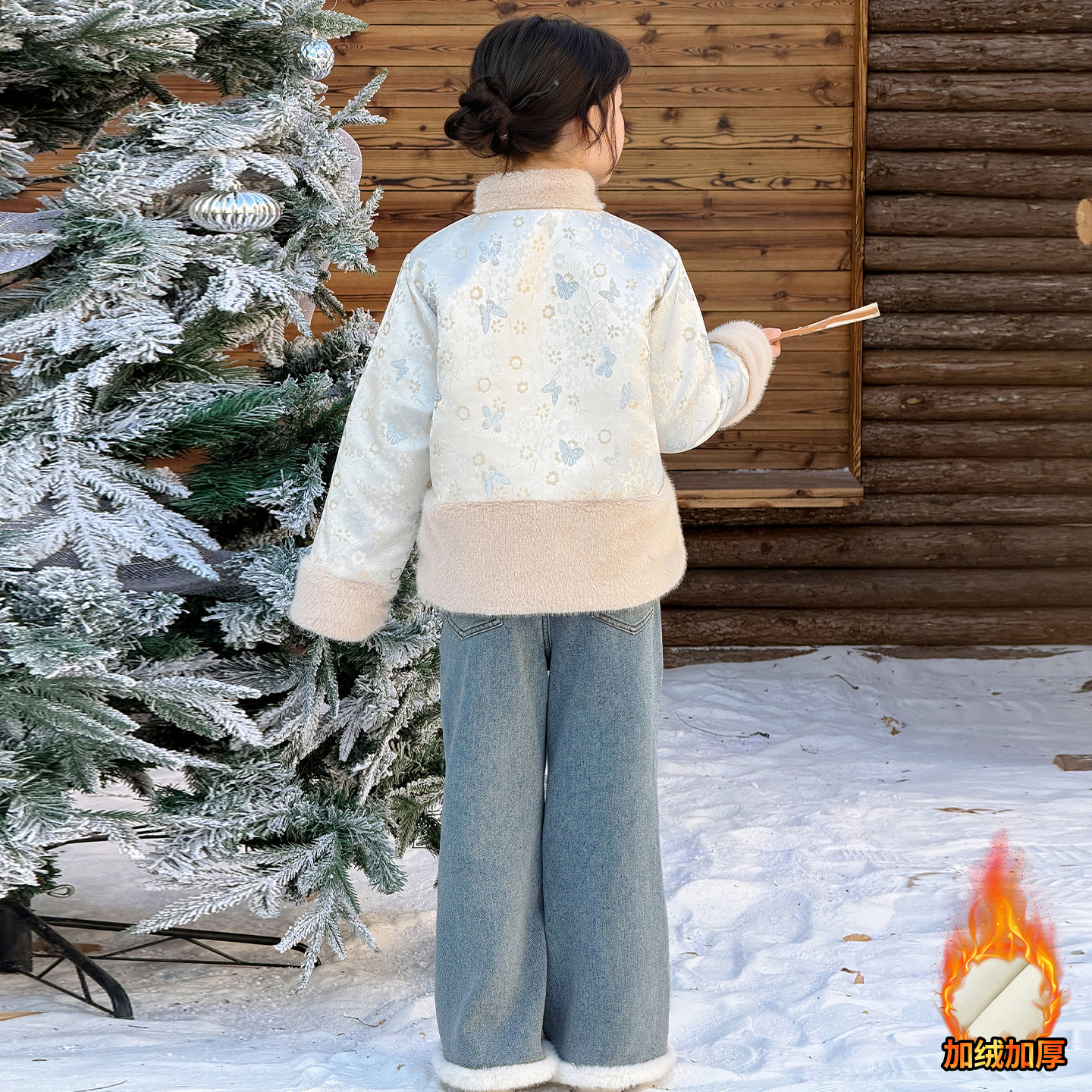 2025冬女童套装新中式拼接毛毛挂件流苏外套牛仔烫钻毛毛边喇叭裤