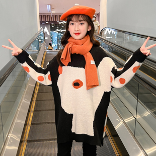 女童2023春季新款暧昧宽松长袖超潮流套头卡通小鹿中长款撞色毛衣