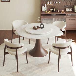 高端白冰玉天然大理石圆桌带转盘高级感中古风家用实木圆形餐桌椅