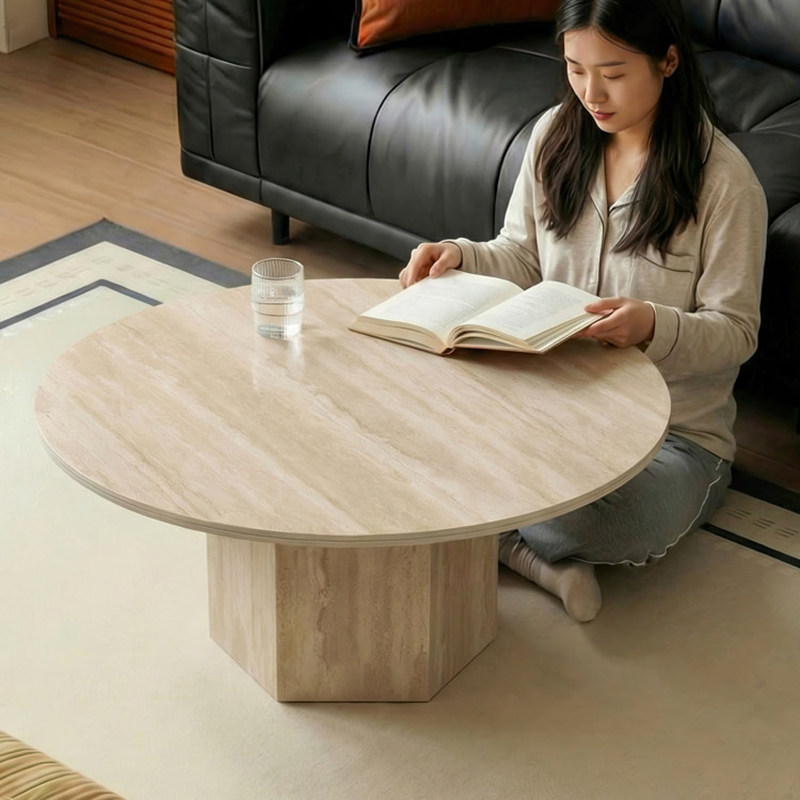 侘寂奶油风洞石岩板茶几客厅家用圆形设计师法式复古咖啡桌子组合