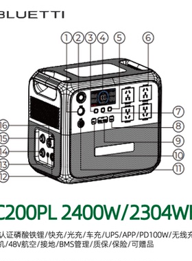 Bluetti铂陆帝AC200PL2400W/2304WH CCC认证磷酸铁锂移动电源/UPS