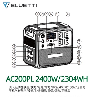 UPS CCC认证磷酸铁锂移动电源 Bluetti铂陆帝AC200PL2400W 2304WH
