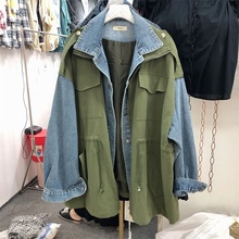 宽松牛仔拼接工装 风衣女 外套抽绳收腰假两件短款 新款 2019秋季 韩版