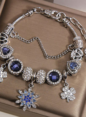 蓝色琉璃珠小众轻奢雪花手链精致百搭潘家风格手串复古高级感手饰