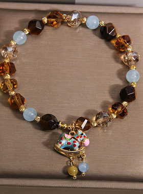 美拉德虎眼石海蓝宝串珠手链新中式蓝色小马吊坠复古小众百搭手串