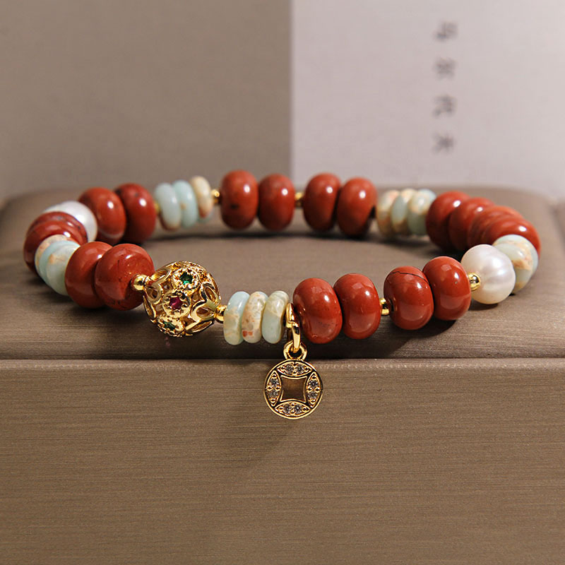 新中式红石算盘珠手链女国风寿山石算盘珠手串招财钱币吊坠手饰品