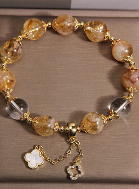 天然黄塔晶手链女款招财转运四叶草吊坠轻奢小众高级感金发晶手串