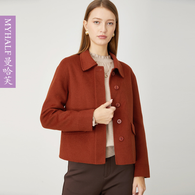 曼哈芙2025秋冬纯羊毛大衣双面毛呢外套女减龄法式小个子短款呢子