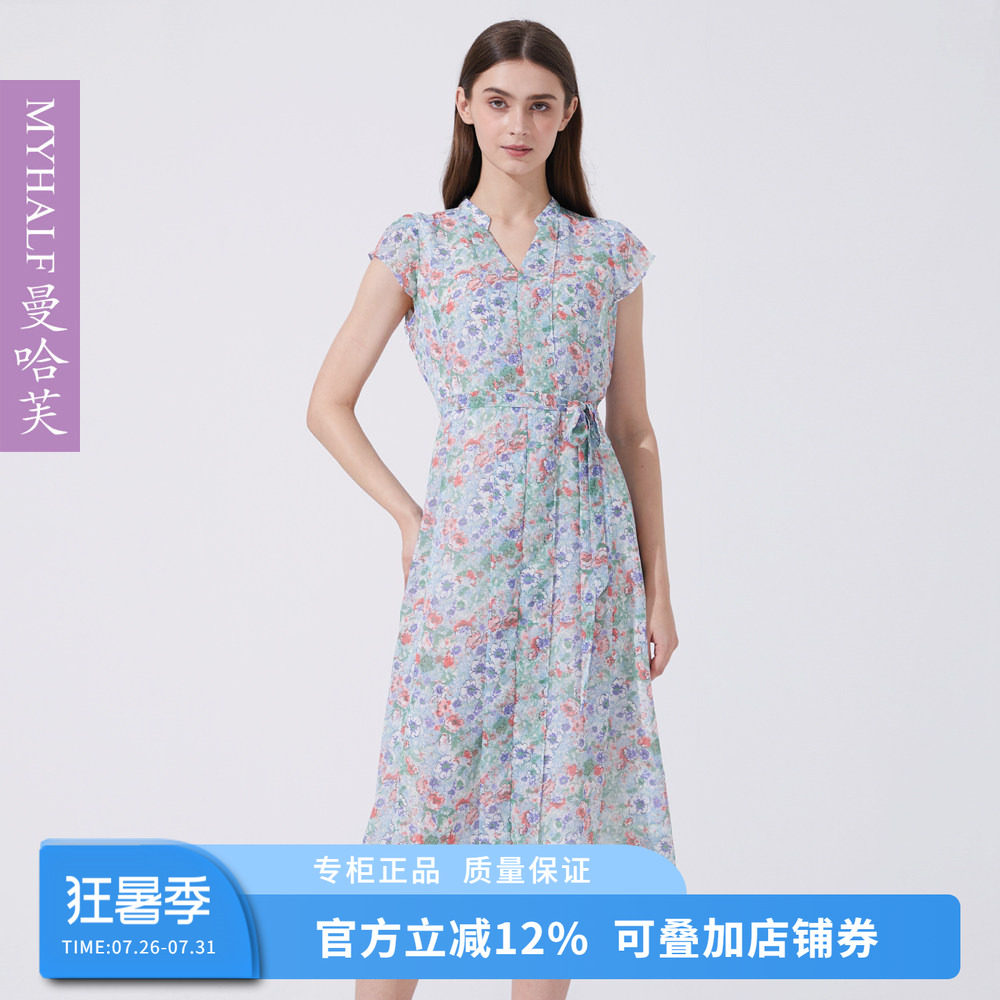 曼哈芙商场同款雪纺碎花法式连衣裙夏优雅短袖V领中长款收腰裙子