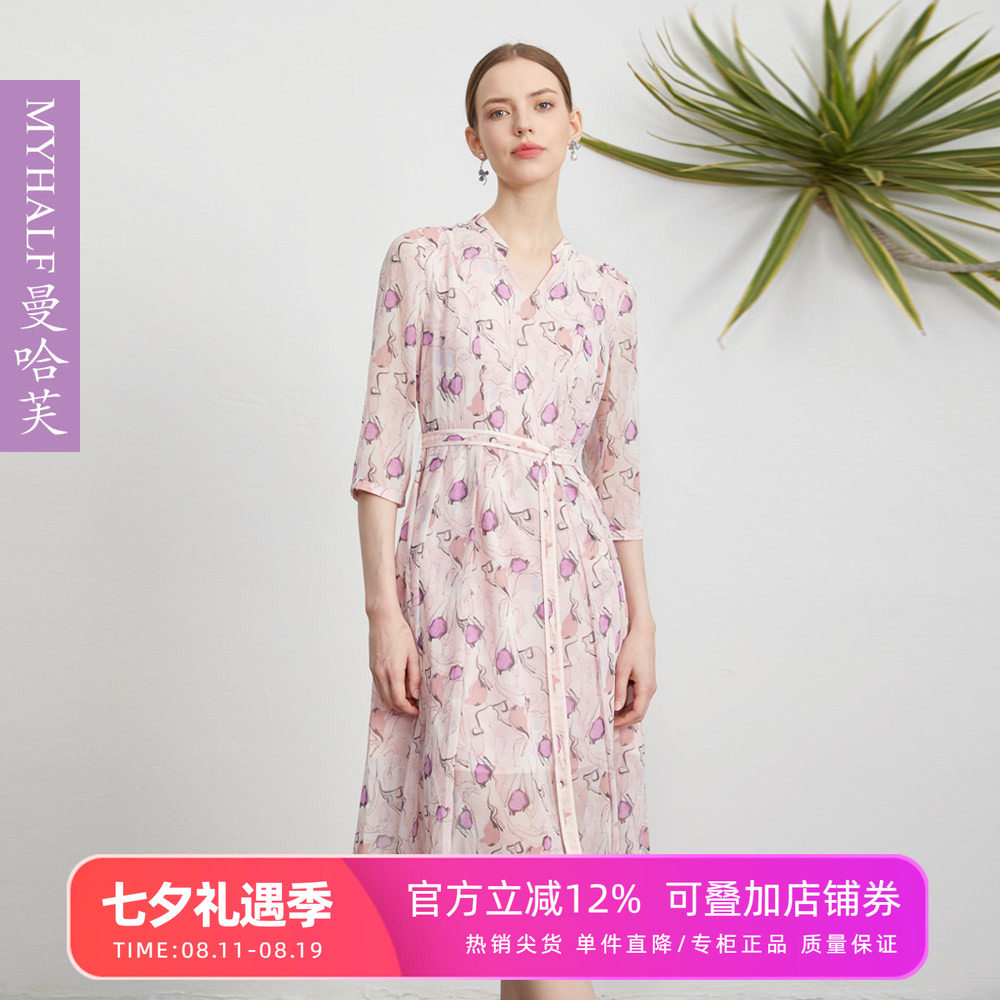 曼哈芙高端女装七分袖V领雪纺印花高腰连衣裙大裙摆淑女裙子法式