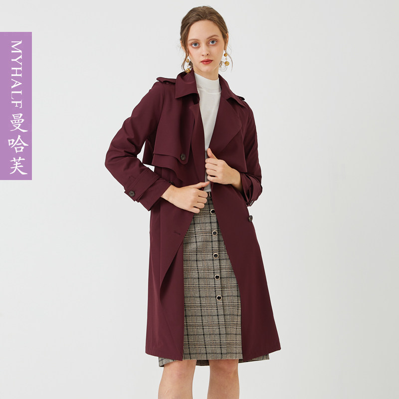 曼哈芙高级感薄款弹力风衣女宽松中长款长袖气质休闲百搭外套过膝