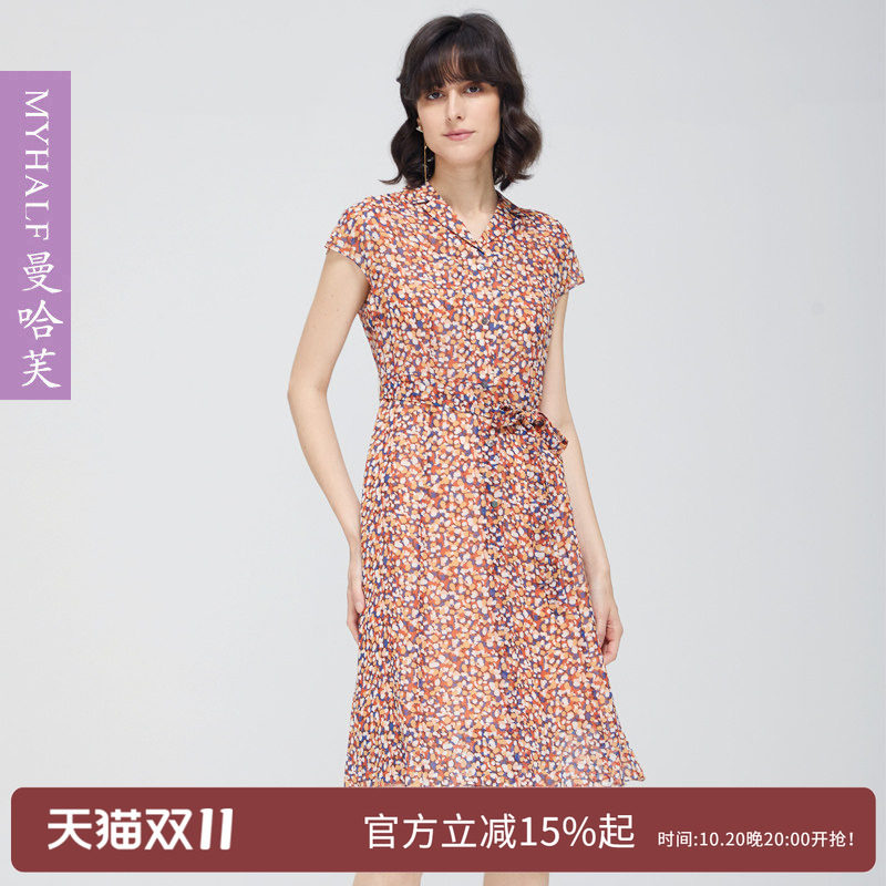 曼哈芙夏淑女V领印花连衣裙波点雪纺气质显瘦高级感收腰中裙绑带