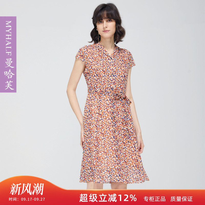 曼哈芙夏淑女V领印花连衣裙波点雪纺气质显瘦高级感收腰中裙绑带
