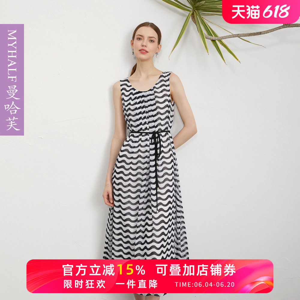 曼哈芙高端女装雪纺条纹系带连衣裙2025夏季凉爽无袖长裙子度假风