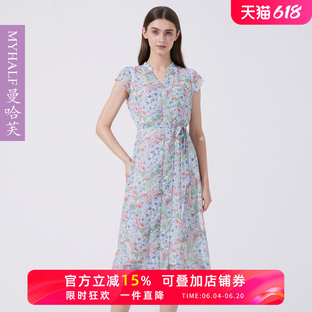 曼哈芙雪纺碎花法式连衣裙夏2025新款优雅短袖V领中长款收腰裙子