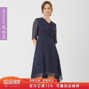 曼哈芙品牌女装夏季V领雪纺波点收腰显瘦A字裙五分袖连衣裙设计感