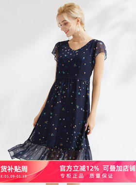 MYHALF/曼哈芙V领法式优雅桑蚕丝印花收腰连衣裙减龄淑女短袖裙子